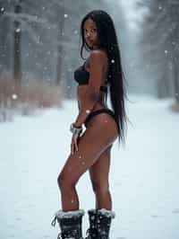 full body shot of hot black bikini woman standing posing in the snow, (standing in snow), shiny snow surface, slim waist, long straightened hair, snow drops everywhere flying, wearing snow boots, wearing moon boots