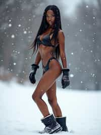 full body shot of hot black bikini woman standing posing in the snow, (standing in snow), shiny snow surface, slim waist, long straightened hair, snow drops everywhere flying, wearing snow boots, wearing moon boots