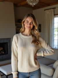 a woman wearing knitted sweater) in luxury villa living room, instagram photo, instagram, hourglass figure