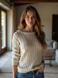 a woman wearing knitted sweater) in luxury villa living room, instagram photo, instagram, hourglass figure