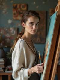 a woman as artistic painter in  art studio with wooden easel and paint