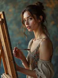 a woman as artistic painter in  art studio with wooden easel and paint