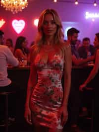 a woman wearing silk floral bodycon dress  in night club, instagram photo, instagram, hourglass figure '