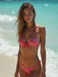 woman in skin tight bikini } in sea water on the beach, wet hair