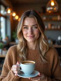 woman in a trendy café, holding a freshly brewed cup of coffee