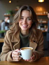 woman in a trendy café, holding a freshly brewed cup of coffee