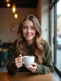 woman in a trendy café, holding a freshly brewed cup of coffee