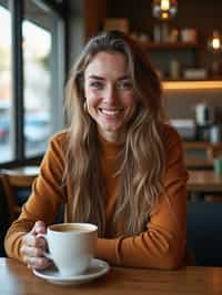 woman in a trendy café, holding a freshly brewed cup of coffee