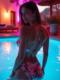 woman with hourglass figure,  in floral silk bikini  at pool party with neon lights