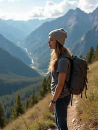 woman on a hiking trail, overlooking a breathtaking mountain landscape