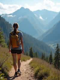 woman on a hiking trail, overlooking a breathtaking mountain landscape