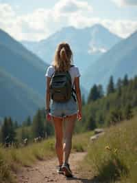 woman on a hiking trail, overlooking a breathtaking mountain landscape