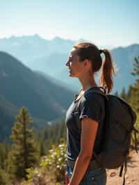 woman on a hiking trail, overlooking a breathtaking mountain landscape