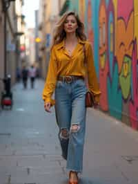 woman wearing a trendy outfit, walking down a street lined with colorful murals