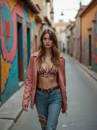 woman wearing a trendy outfit, walking down a street lined with colorful murals