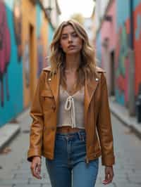 woman wearing a trendy outfit, walking down a street lined with colorful murals