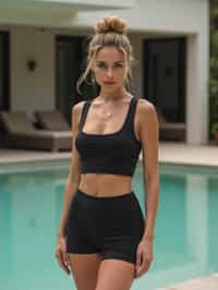 woman 90s hairbun wearing skintight skin tight (black yoga shorts) wearing a cropped top, feminine slim figure, wearing a cropped top a t-shirt, masculine figure, wearing a t-shirt, hourglass figure,  very woman, in front of luxury villa, black yoga shorts , sexy, beautiful, woman