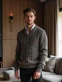 a man wearing knitted sweater) in luxury villa living room, instagram photo, instagram,  fit body