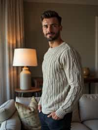 a man wearing knitted sweater) in luxury villa living room, instagram photo, instagram,  fit body