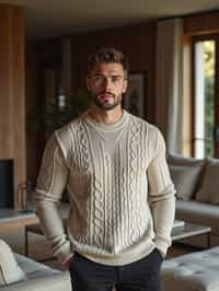 a man wearing knitted sweater) in luxury villa living room, instagram photo, instagram,  fit body