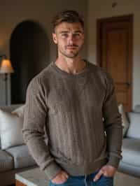 a man wearing knitted sweater) in luxury villa living room, instagram photo, instagram,  fit body