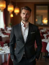 a man wearing  luxurious suit in luxury restaurant, instagram photo, instagram,  fit body