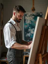 a man as artistic painter in  art studio with wooden easel and paint