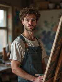 a man as artistic painter in  art studio with wooden easel and paint