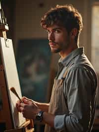 a man as artistic painter in  art studio with wooden easel and paint