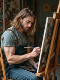 a man as artistic painter in  art studio with wooden easel and paint