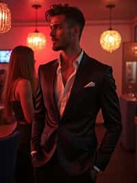 a man wearing  silk suit in night club, instagram photo, instagram,  fit body'