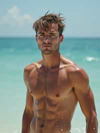 man in  swim shorts} in sea water on the beach, wet hair