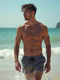 man in  swim shorts} in sea water on the beach, wet hair