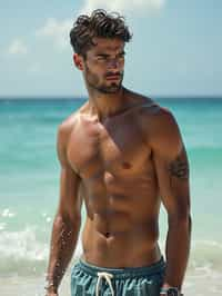 man in  swim shorts} in sea water on the beach, wet hair