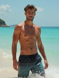 man in  swim shorts} in sea water on the beach, wet hair