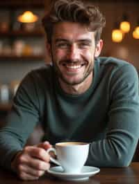 man in a trendy café, holding a freshly brewed cup of coffee