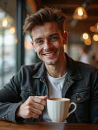 man in a trendy café, holding a freshly brewed cup of coffee