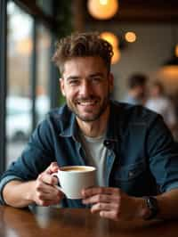 man in a trendy café, holding a freshly brewed cup of coffee