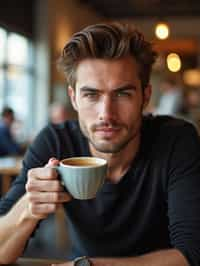 man in a trendy café, holding a freshly brewed cup of coffee