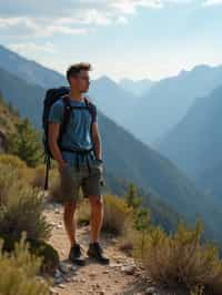 man on a hiking trail, overlooking a breathtaking mountain landscape