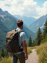 man on a hiking trail, overlooking a breathtaking mountain landscape