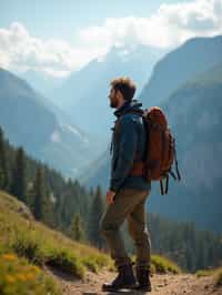 man on a hiking trail, overlooking a breathtaking mountain landscape