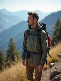 man on a hiking trail, overlooking a breathtaking mountain landscape