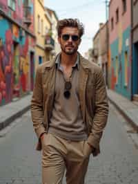 man wearing a trendy outfit, walking down a street lined with colorful murals