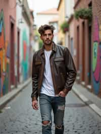 man wearing a trendy outfit, walking down a street lined with colorful murals