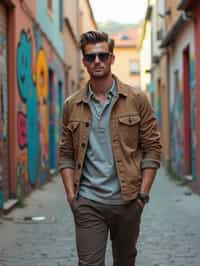 man wearing a trendy outfit, walking down a street lined with colorful murals