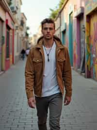 man wearing a trendy outfit, walking down a street lined with colorful murals