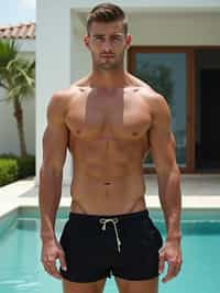 man  wearing  , , fit body very man, in front of luxury villa,  black shorts, sexy, beautiful, man