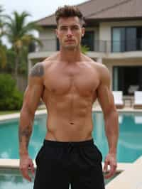 man  wearing  , , fit body very man, in front of luxury villa,  black shorts, sexy, beautiful, man