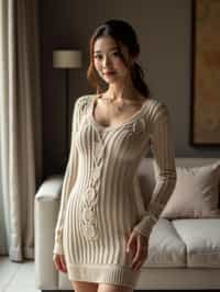 a woman wearing knitted sweater) in luxury villa living room, instagram photo, instagram, hourglass figure